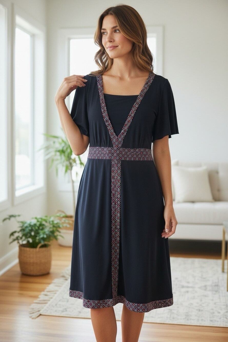 Lane Bryant Women's Black V-Neck Geometric Trim Flutter Sleeve Dress Size 18/20